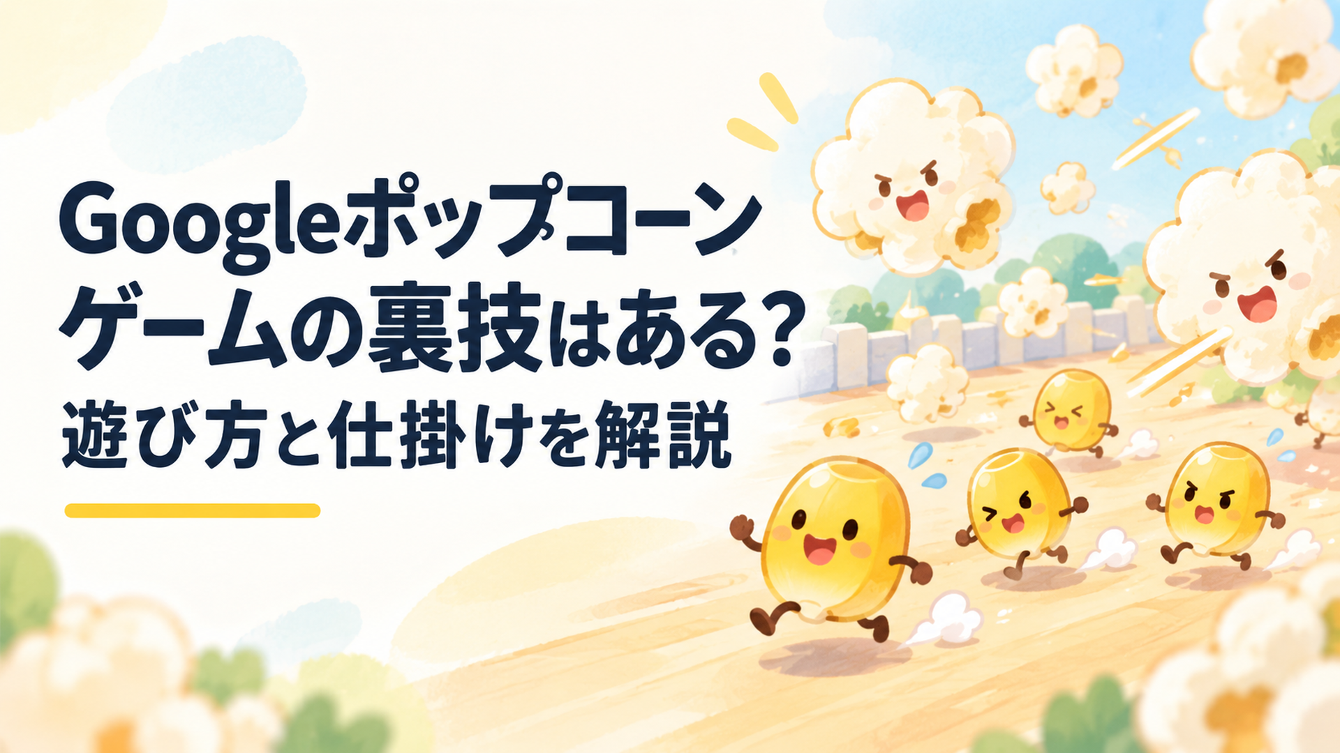かわいいトウモロコシの粒たちがポップコーンにならないよう攻撃を避けながら競うGoogleポップコーンゲームのイメージ