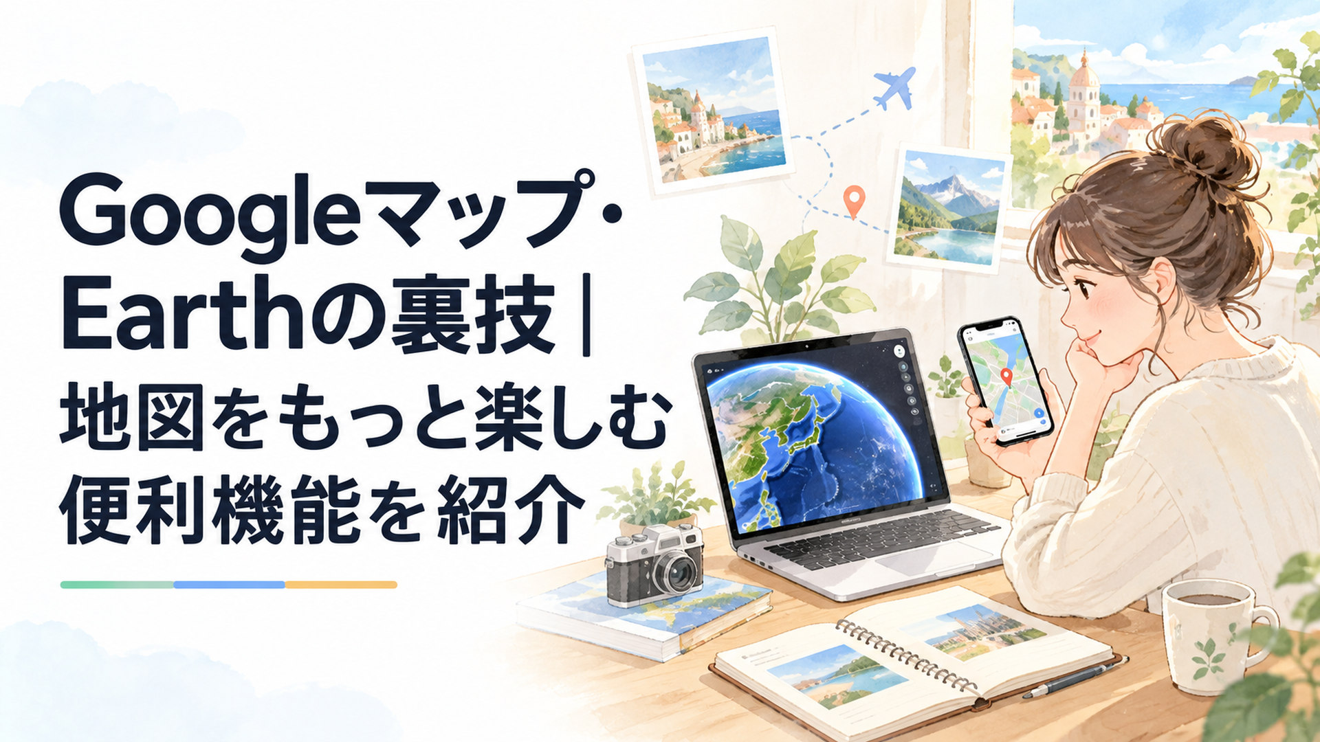 スマートフォンのGoogleマップとパソコンの立体的な地球を見比べながら旅行計画を立てる人物