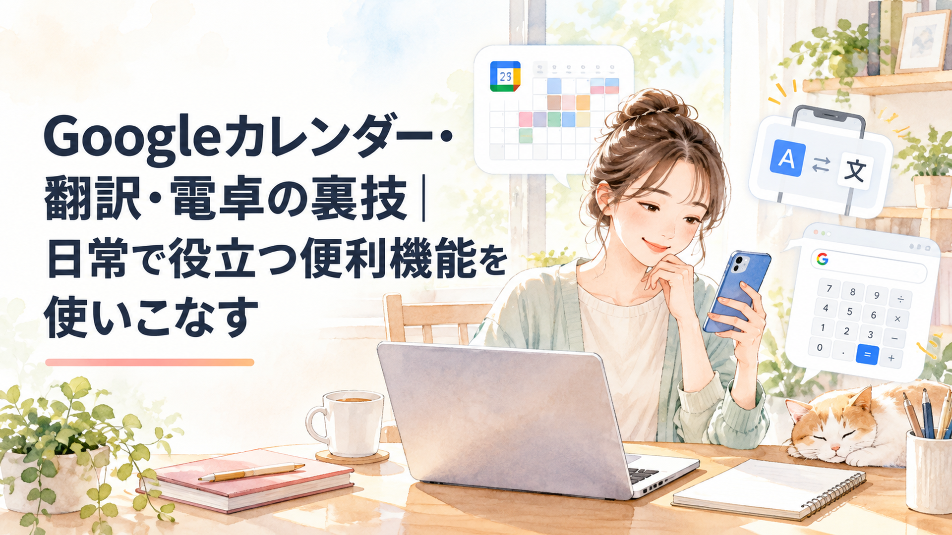 明るい自宅のデスクで会社員がGoogleカレンダーの予定管理、スマートフォンの翻訳、検索画面の電卓を使い分けている温かい水彩風イラスト