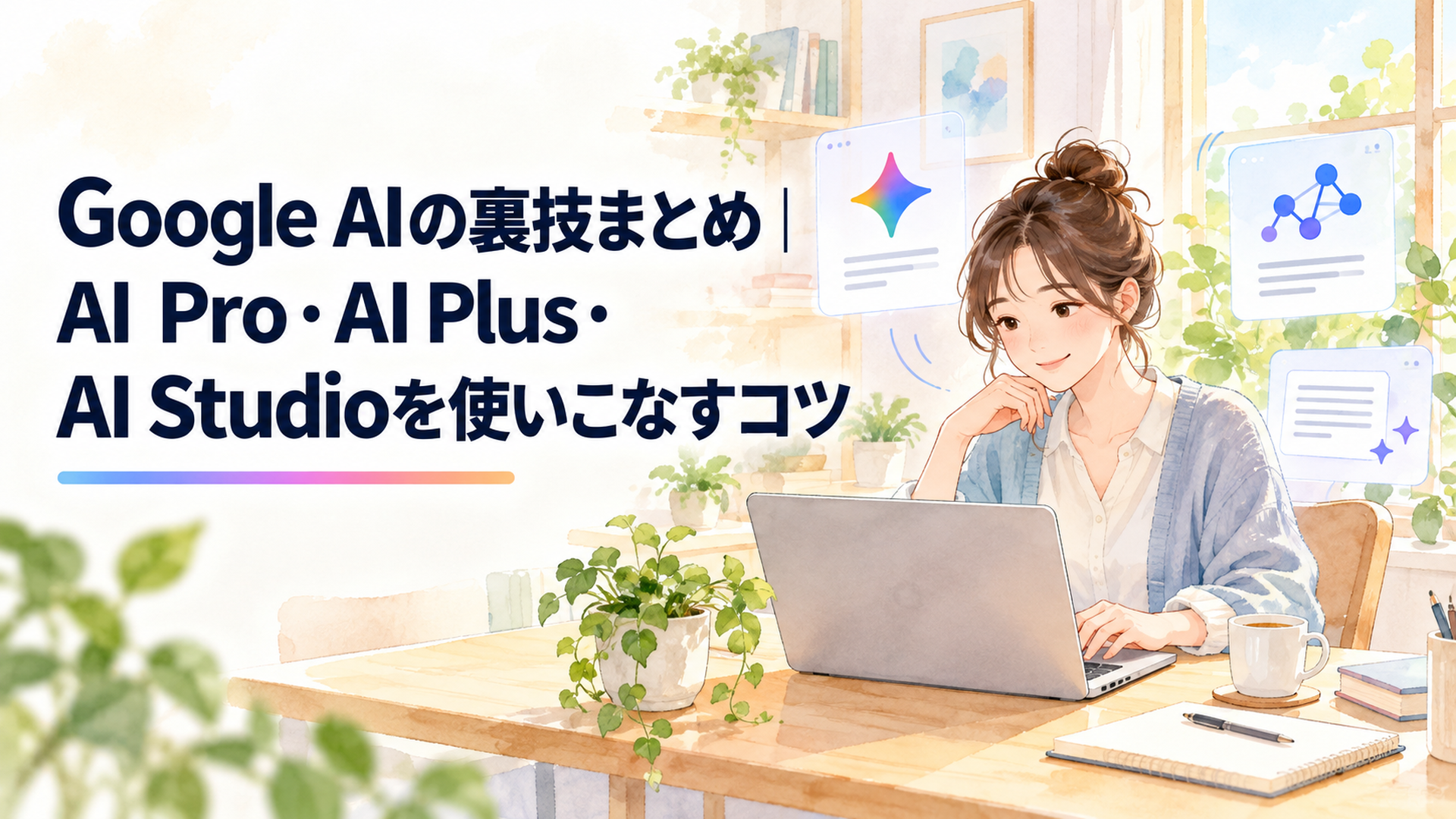 明るい自宅のデスクで会社員がノートパソコンを操作し、Google AIのGeminiやAI Studioを使って調べ物や文章作成を効率化している温かな水彩風イラスト