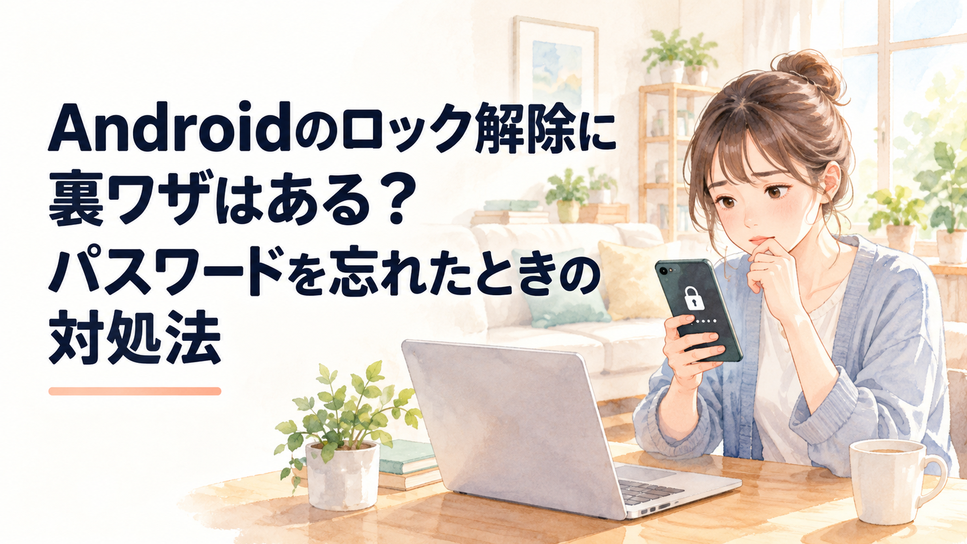 明るい自宅のリビングでAndroidスマートフォンのロック画面を見つめる会社員と、隣に置かれたノートパソコンを描いた温かな水彩風イラスト