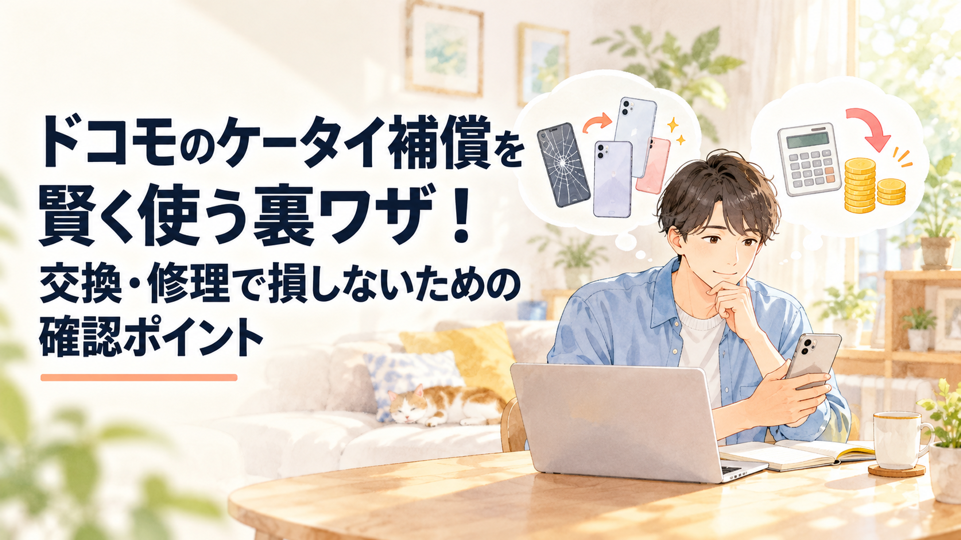 明るいリビングで会社員がスマートフォンとノートパソコンを並べ、ドコモのケータイ補償の交換候補とWeb割の料金を比較している温かな水彩風イラスト