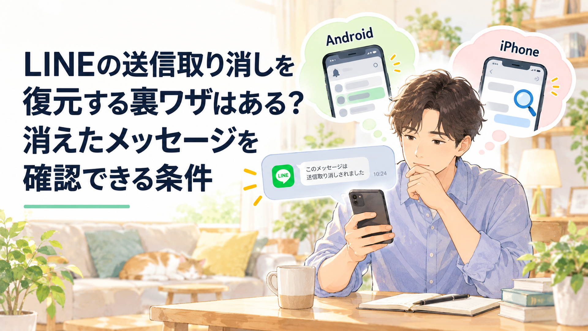 明るい自宅のリビングで男性会社員がスマートフォンのLINE送信取り消し表示を見つめ、Androidの通知履歴とiPhoneの確認方法を調べている温かな水彩風イラスト