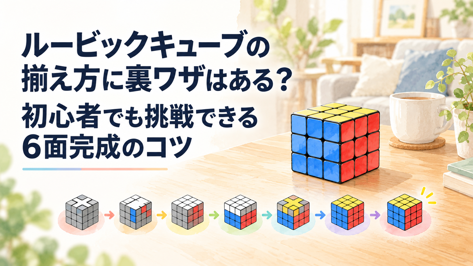 明るいリビングの木製テーブルに置かれた3×3ルービックキューブ。白い十字から6面完成までの7段階を小さなキューブで表現し、初心者向けの分かりやすい学習風景を描いた温かな水彩風イラスト。16対9の横長構図