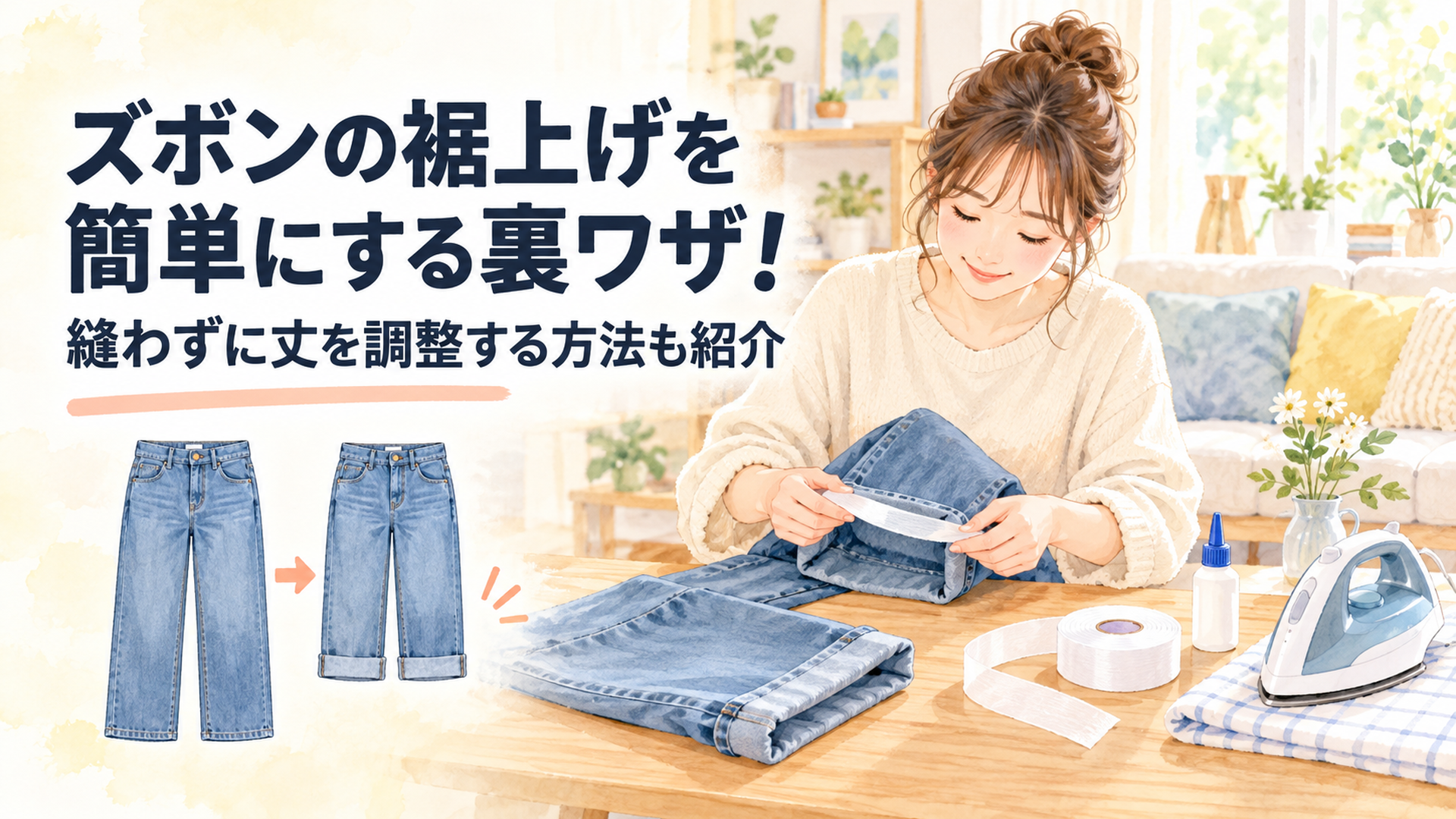 明るく清潔なリビングでズボンの裾上げをする様子。左側に丈を短くする前後のジーンズ、右側に裾上げテープ、布用接着剤、アイロンを配置。縫わずに簡単に裾上げできる暮らしの裏ワザを表現した温かな水彩風イラスト