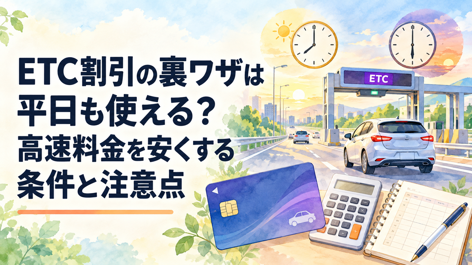 明るい高速道路を走る乗用車とETCゲート、平日の朝夕を示す時計、ETCカード、電卓、家計簿を組み合わせた温かな水彩風イラスト