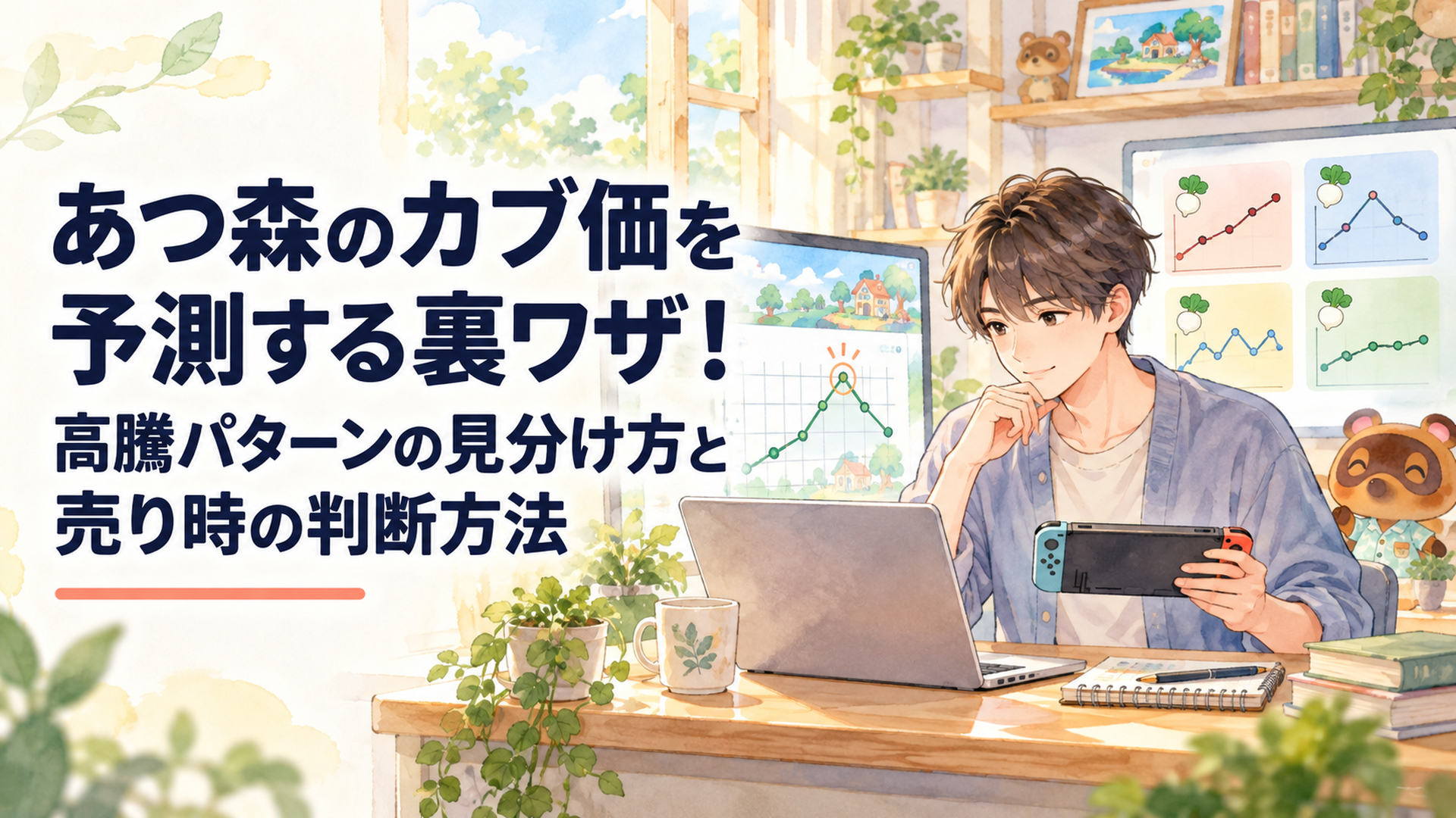 明るい書斎で若い男性がゲーム機とノートパソコンを使い、あつ森のカブ価予測グラフと4つの変動パターンを比較しながら売り時を考えている温かな水彩風イラスト