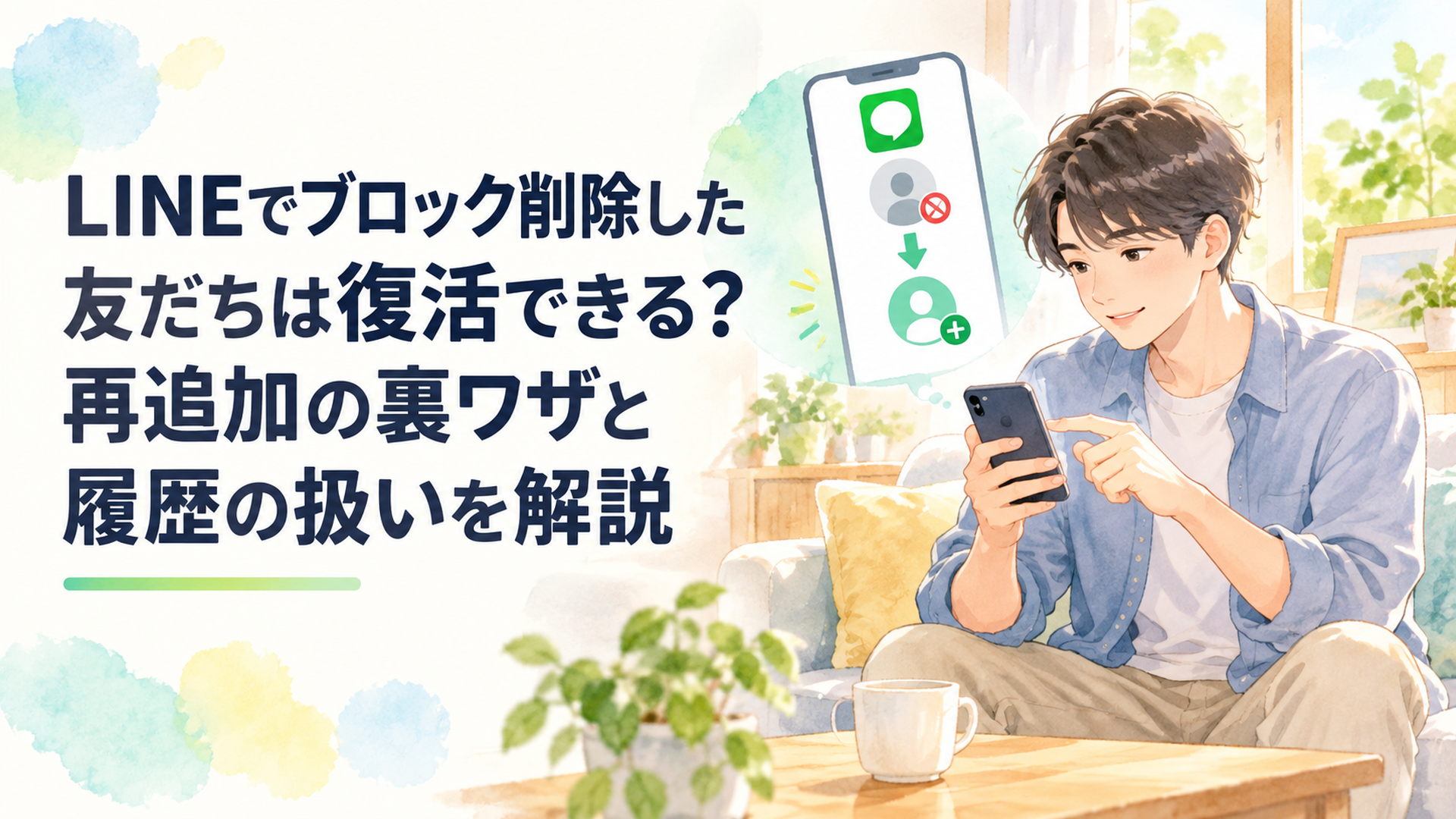 明るいリビングで若い男性がスマートフォンを操作しLINEでブロック削除した友だちを再追加する手順を確認している温かな水彩風イラスト