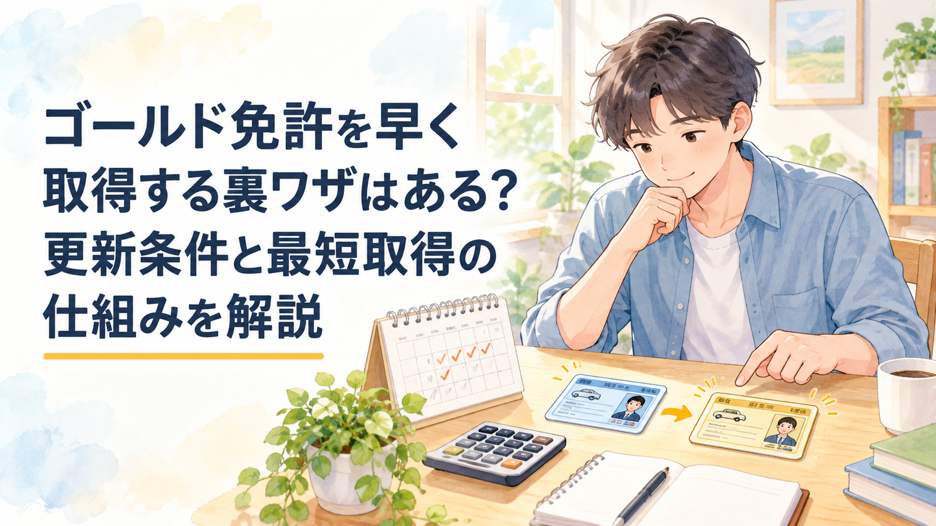 明るい木製デスクで若い男性がブルーとゴールドの運転免許証のイメージを並べ、カレンダーと電卓を使って最短取得年数や追加免許の条件を確認している温かな水彩風イラスト