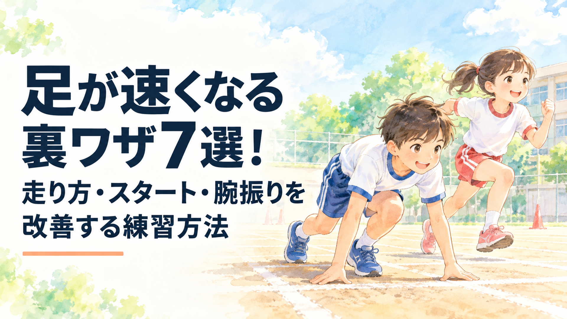 晴れた小学校のグラウンドで小学生の男の子と女の子が50メートル走のスタート姿勢や腕振りを練習している明るく温かな水彩風イラスト