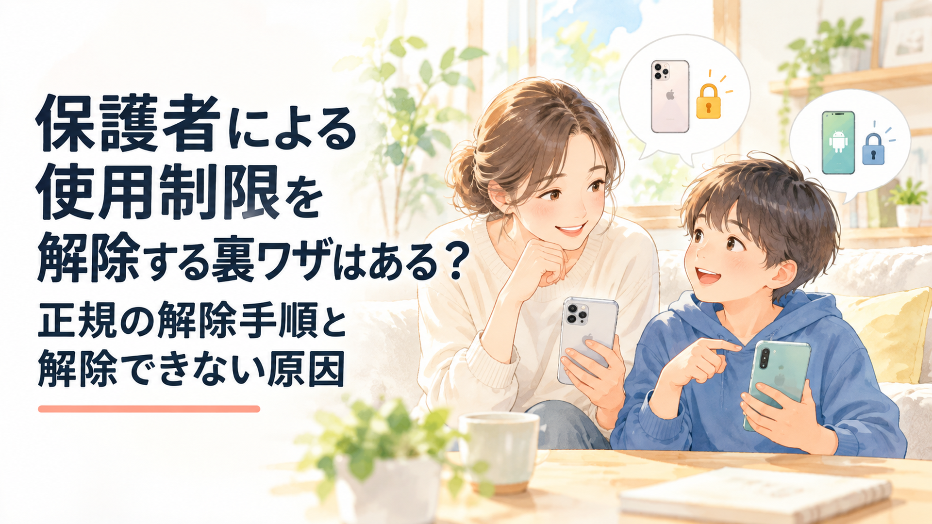 明るいリビングで保護者と子どもがスマートフォンの使用制限について相談している温かな水彩風イラスト。左側に大きく「保護者による使用制限の解除方法」という日本語タイトル、右側にiPhoneとAndroidを持つ親子を配置した16対9のブログアイキャッチ
