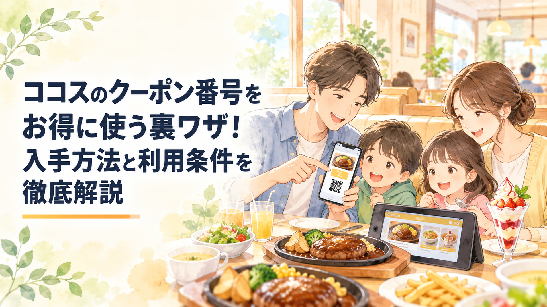 明るく清潔なファミリーレストランで、スマートフォンのクーポン画面と卓上タブレットを確認しながら、家族がハンバーグやパフェを楽しんでいる温かな水彩風イラスト。左側にタイトルを配置できる余白を設けた16対9の横長構図