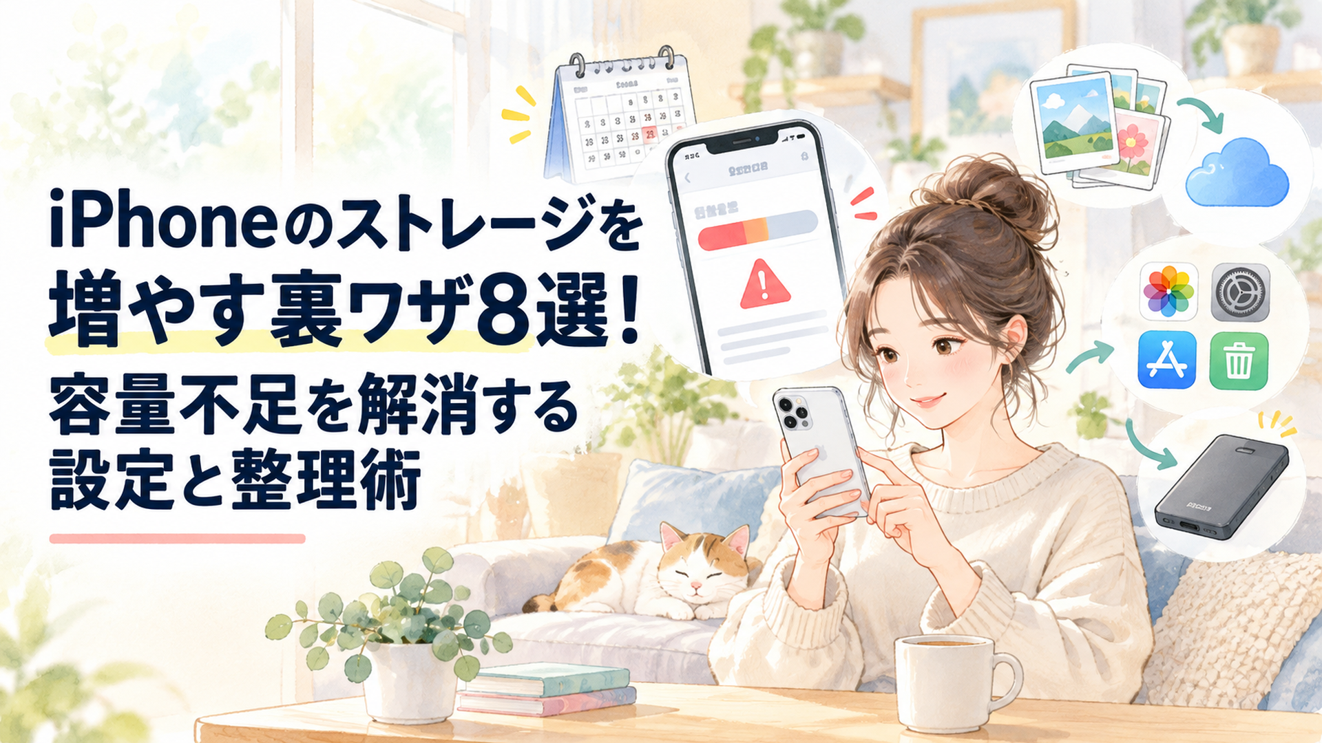 明るいリビングで女性がiPhoneのストレージ容量を確認している様子。左側にカレンダーと容量不足の警告、右側に写真整理、クラウド、アプリ、外付けSSDのイラストを配置した、柔らかなパステルカラーの水彩風イラスト