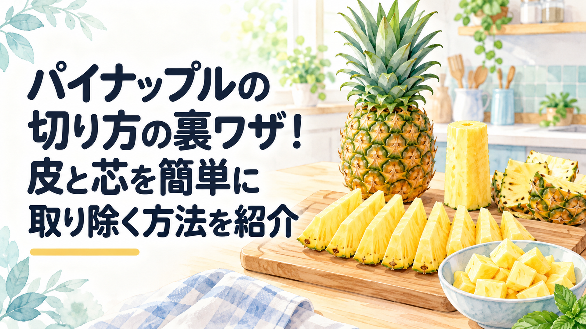 明るい木製キッチンに丸ごとのパイナップル、縦8等分のくし形果肉、一口サイズに切った果肉を並べた水彩風イラスト。皮と芯を取り除く基本の切り方がひと目で分かる構図。淡いブルーとグリーンを基調にした清潔感のある温かな雰囲気
