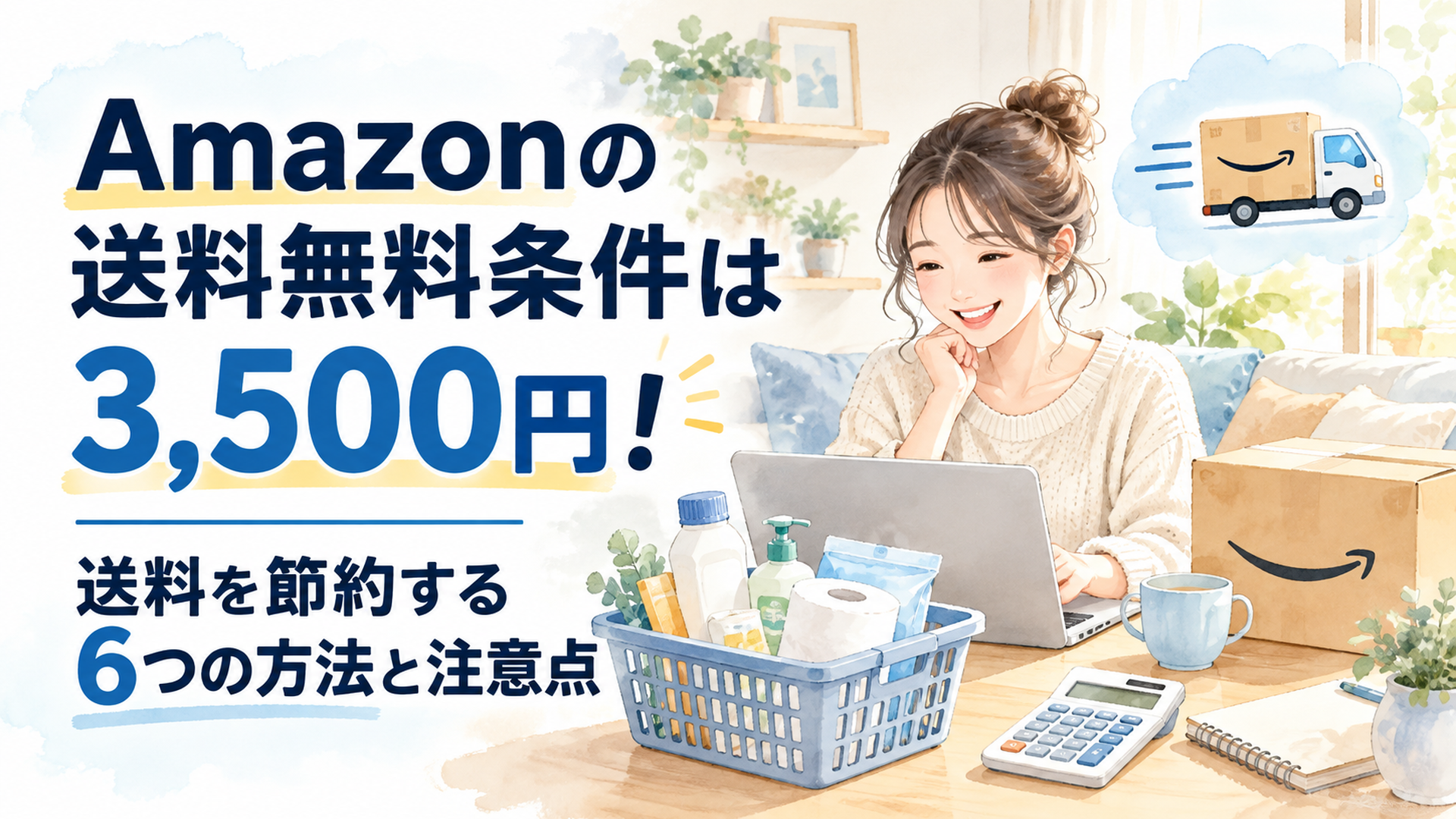 16対9の横長ブログアイキャッチ。明るく温かいリビングでノートパソコンを使ってAmazonのネットショッピングをする女性。左側に大きく「Amazonの送料無料条件は3,500円！」、その下に「送料を節約する6つの方法と注意点」と読みやすい濃紺の日本語文字を配置。右側に日用品の買い