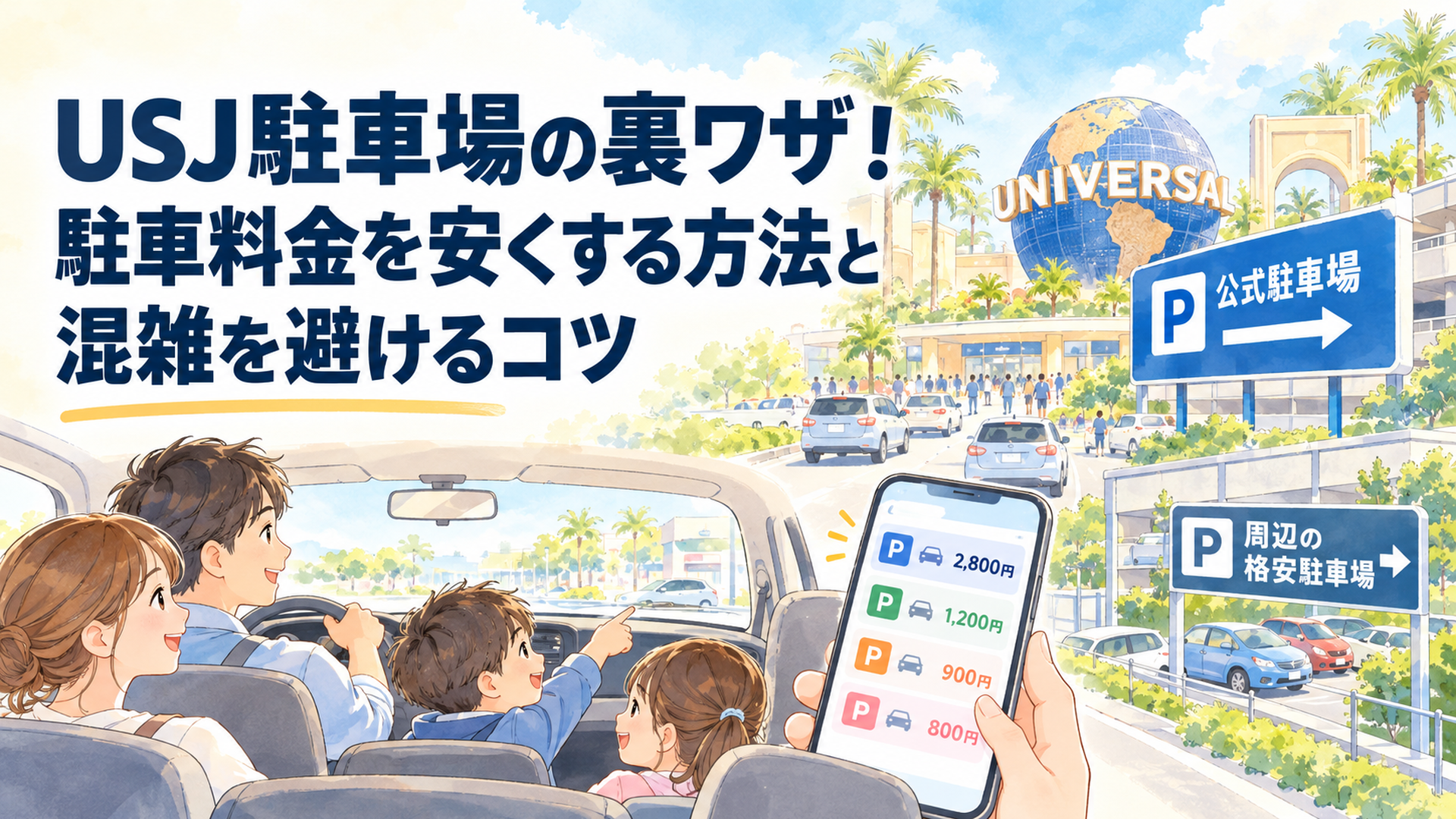 USJへ車で向かう家族と公式駐車場、周辺の格安駐車場、スマートフォンの料金比較画面を描いた明るい水彩風イラスト。淡いブルーとクリーム色を基調にした親しみやすい構図