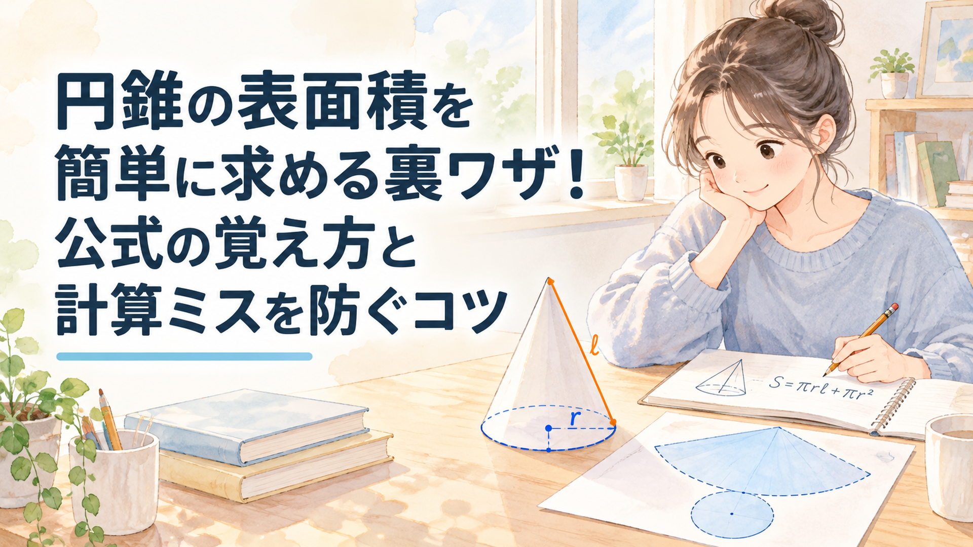 明るい木製の学習机に円錐の立体模型と展開図、数学ノートと鉛筆を配置。円錐の母線をオレンジ色、底面の半径を青色で示し、中心角を求めずに表面積を計算する様子を表現した淡いブルーとクリーム色の温かな水彩風イラスト