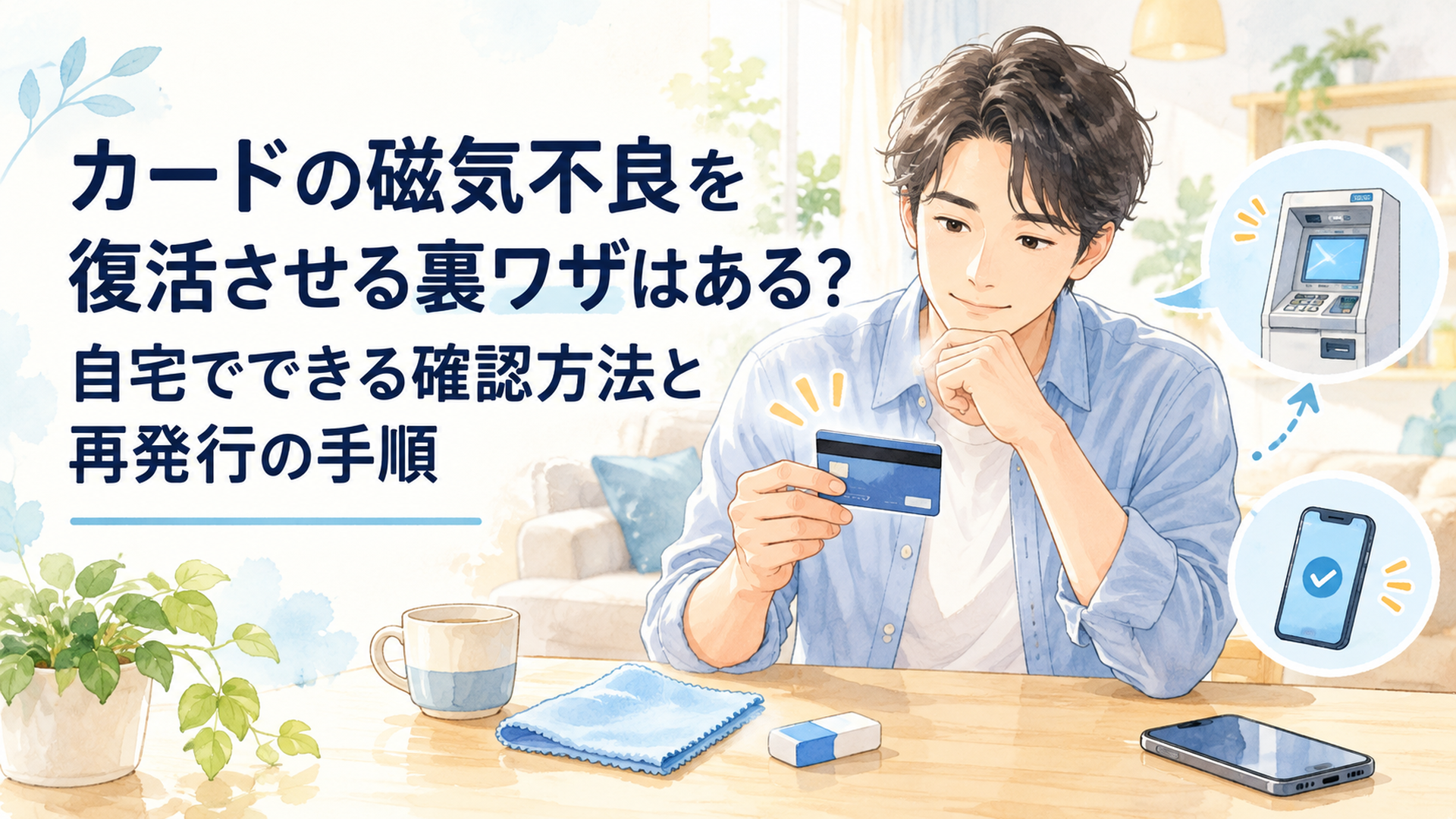 明るいリビングのテーブルで30代の男性が磁気不良になったクレジットカードを確認している様子。左側には柔らかい眼鏡拭きと消しゴム、右側には銀行ATMをイメージした小さなイラストとスマートフォンを配置。カードの磁気不良を安全に解決する方法を表現した、淡いブルーとクリーム色の温かな水彩